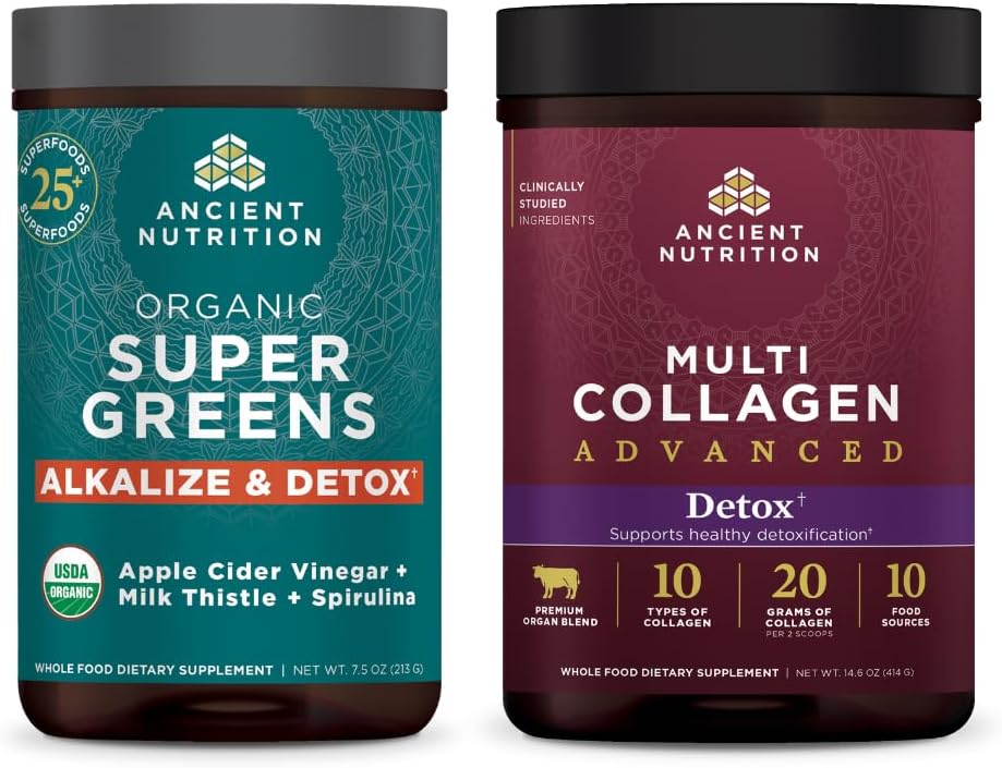 Ancient Nutrition Multi Collagen Advanced Powder Cleanse & Detox, Unflavored, 36 Servings + Organic SuperGreens Detox & Alkalize Powder, 25 Servings