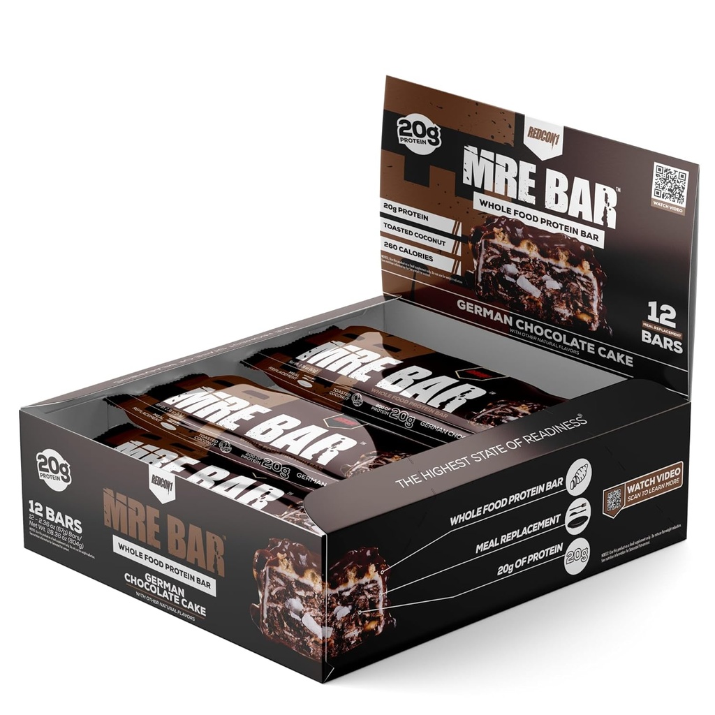 REDCON1 MRE protein Bar, Alman Çikolata Keki - Tüm Gıda Proteinlerinin MCT Yağı + 20g - Kolay Digestible, Macro Balanced Low Sugar Mealchange Bar (12 Bar)
