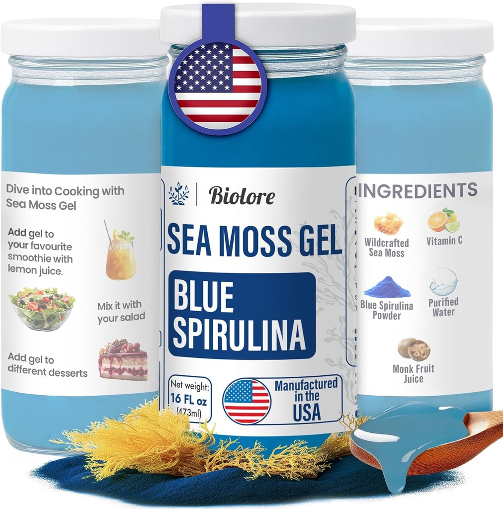 Biolore Wildcrafted Sea Moss Gel - Blue Spirulina 16 oz - Flavored Sea Moss Gel Temel Vitaminler & Trace Mineraller - Vegan Superfood - ABD'de Made in USA, Gluten-Free, Nodrew Sugar
