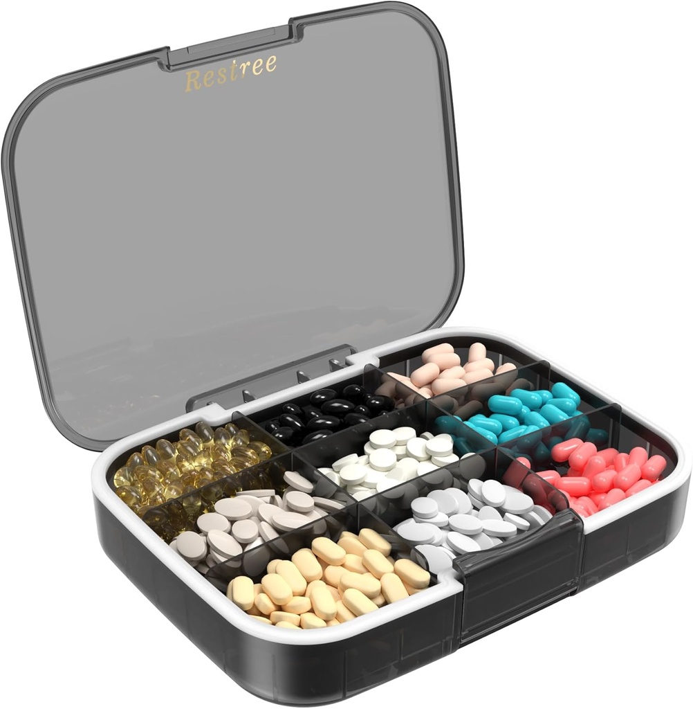 Restree Big Pill Organizer, Moisture Proof & Αδιάβροχη θήκη ταξιδιών, Φορητό κουτί φαρμακευτικής αγωγής με ρυθμιζόμενους διαχωριστές για βιταμίνες Συμπληρώματα ιχθυέλαιο και καθημερινά χάπια 9 διαμερίσματα (μαύρο)