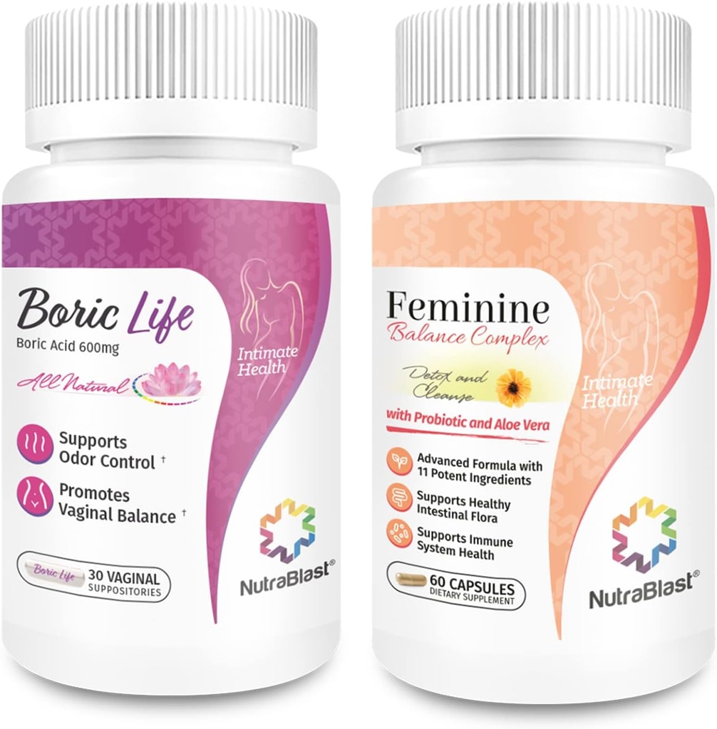 NutraBlast Boric Acid Vaginal Suppories 600 mg (30 Count) Sche with Feminine Balance Complex (60 Capsules) | Vaginal Detox & Cleanse | Supports Health Intestinal Flora & Immune System