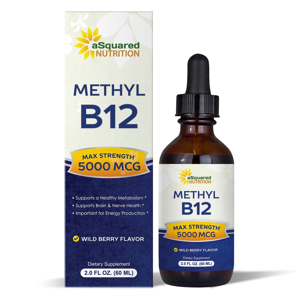 ASquared Beslenme Vitamini B12 Sublingual Liquid Drops - 5000 MCG Supplement with Mecobalamin (Methyl B-12) - Max Abxia B 12 Enerjiyi artırmak için - Vegan Dostu - 2 fl ozz