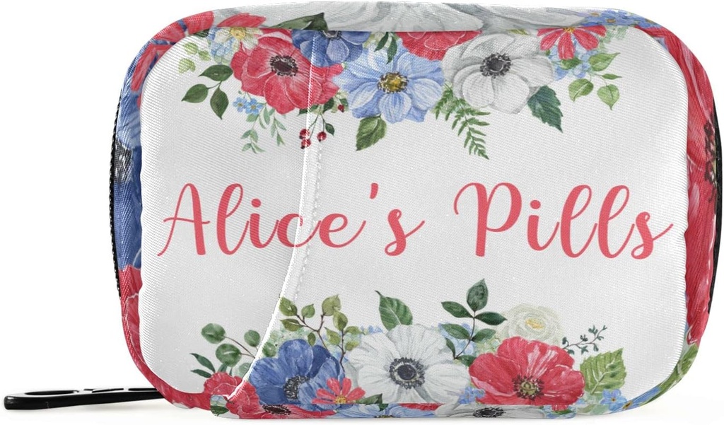 Custom Pill Box 7 Day Pill Τσάντα θήκη Vintage Watercolor Λουλούδια Εξατομικευμένο όνομα Τσάντα Organizer Ταξιδιών Χάπια με Zipper Φορητή Εβδομαδιαία περίπτωση Συμπαγές μέγεθος για τον κάτοχο συμπλήρωμα βιταμίνης