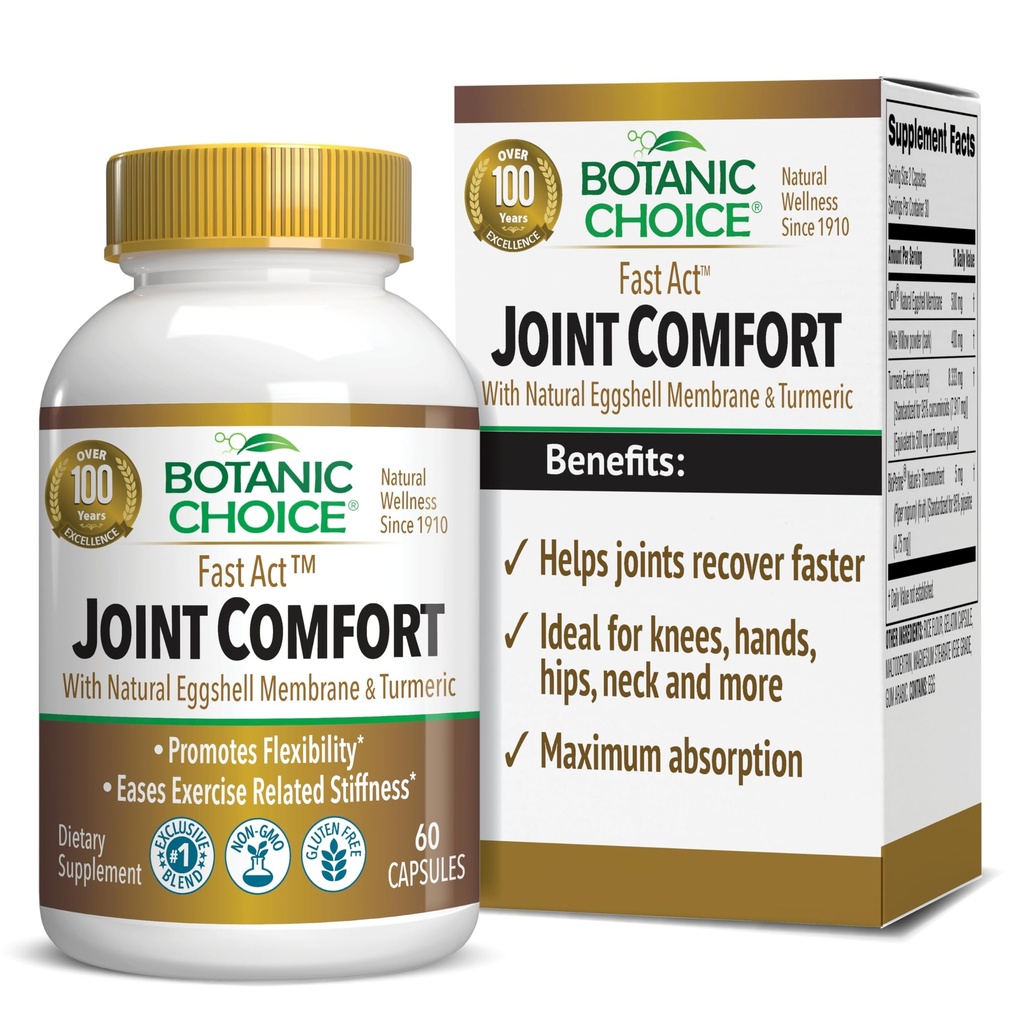 Botanic Choice Fast Act Joint Comfort with NEM Natural Eggshell Membran, Turmeric Curcumin, Bioperine, & White Willow Bark, Supports Joint Health, 60 500 mg Capsules