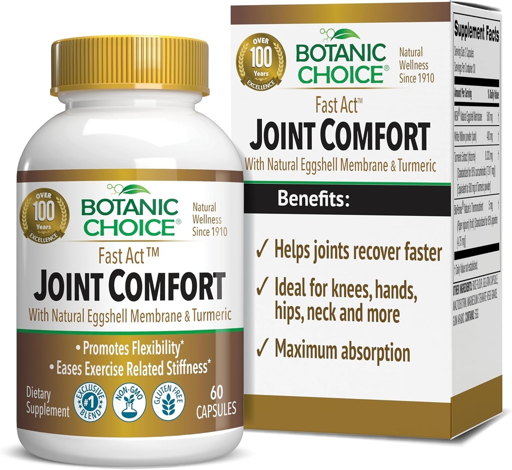 Botanic Choice Fast Act Joint Comfort with NEM Natural Eggshell Membran, Turmeric Curcumin, Bioperine, & White Willow Bark, Supports Joint Health, 60 500 mg Capsules