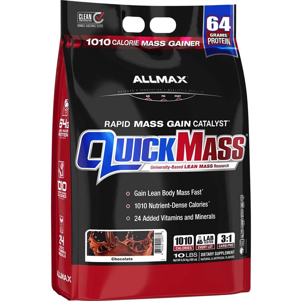 ALLMAX QUICKMASS, Çikolata - 10 lbs - Hızlı Kitlesel Fizatör - Servis başına 64 gram - 3:1 Protein Oranları - Zero Trans Fat - 70'e kadar