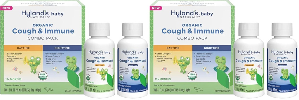 Hyland'ın Doğalları - Bebek - Organik Cough & Immune Day & Night Combo Pack - Eases Coughs, Supports Immunity, Supports Sleep, Two 2 Fl Oz. Şişeler (4 fl oz) (Pack of 2)