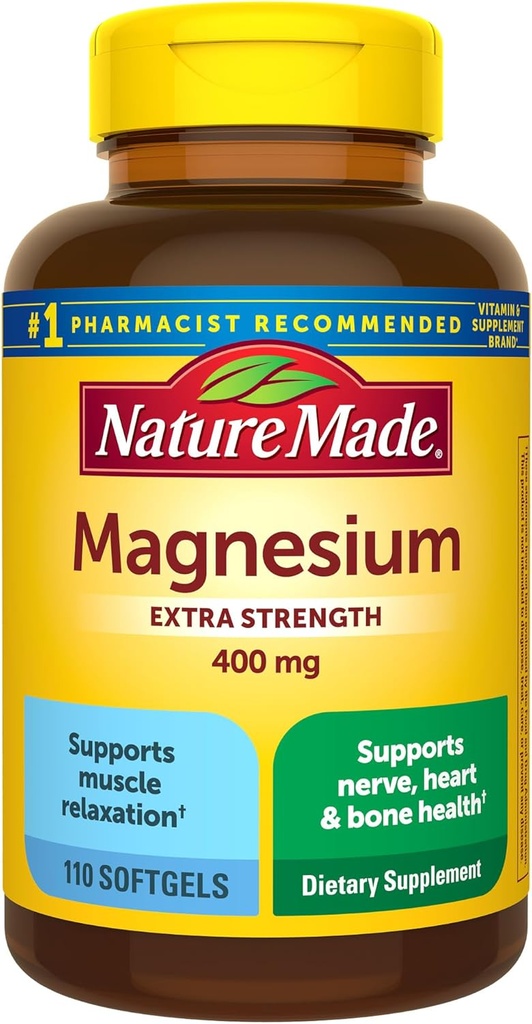Nature Made Magnesium Oxide 400 mg Softgels, Extra Strength Magnesium Συμπληρώματα για τους άνδρες και τις γυναίκες, Υποστήριξη για τους μυς, τα νεύρα, τα οστά και την καρδιά, 110 ημέρες προσφοράς