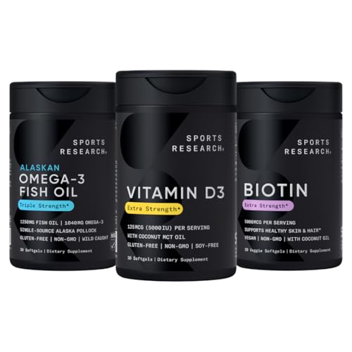 Spor Araştırması Triple Strength Omega 3 Burpless Fish Oil 1250 mg from Wild Alaska Pollock, Vitamin D3 5000 IU with Coconut MCT Oil (1253/) ve Vegan Biotin 5000 A Vitamin B7-30 Softgels Her Her Şeyi Wild Alaska'dan 1250 mg