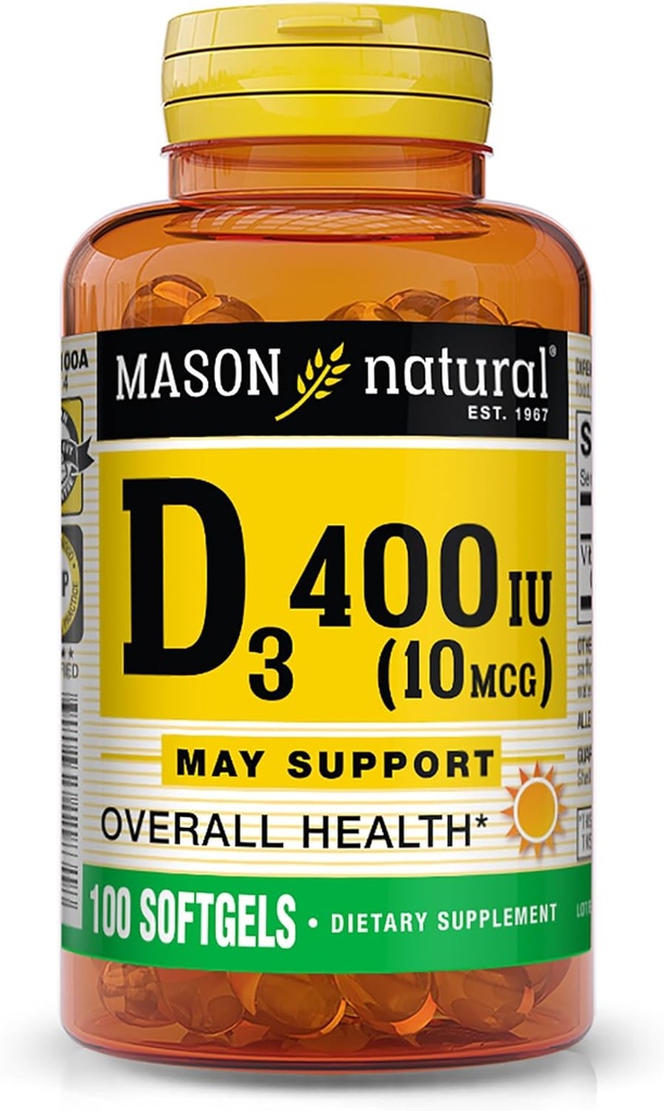 MASON NATURAL Vitamin D3 10 mcg (400 IU) - Genel Sağlık, Kemikleri ve Kasları Güçlendirir, 100 Softgels