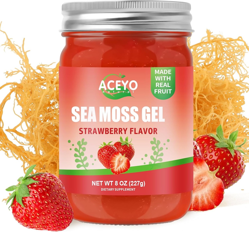 (8 OZ) Doğal Deniz Moss Gel Raw Strawberry Flavor Irish Seamoss Gel Vegan Kadın Erkekler 102 Vitamin ve Minerals Wild Harvested Non-GMO Immune Defense ATM Lung Yourroid Digestive Support Support