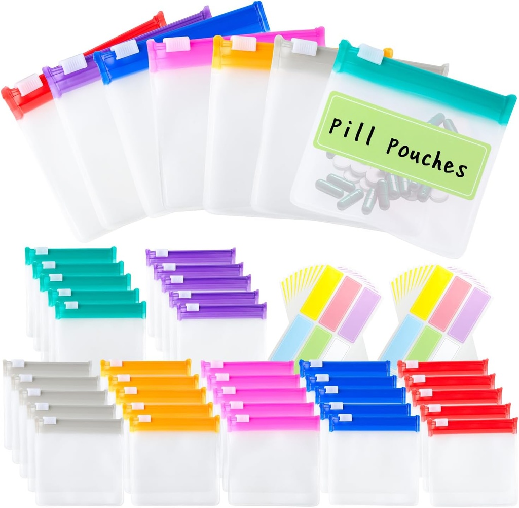 Τσάντες Pill Pouch Επαναχρησιμοποιήσιμες ταξιδιωτικές σακούλες χάπι με ετικέτες Σετ 35 τεμάχια Τσάντες Pill Καθημερινή ιατρική Χάπια Διοργανωτής μικρή τσάντα ιατρικής Αυτοσφραγίζει πλαστικά πακέτα χάπι με Slide Lock (7 χρώματα)