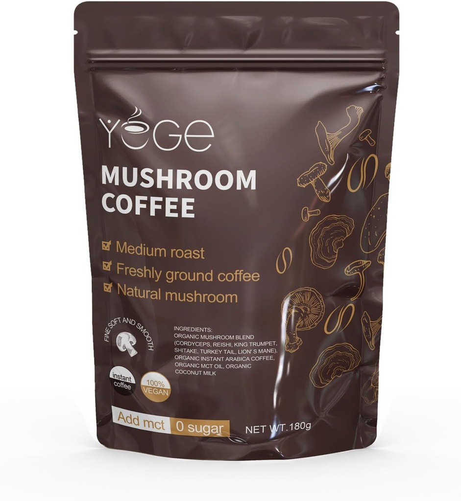 Mushroom Coffee, Instant Mushroom Coffee with Cordyceps, Reish, King Trumpet, Shitake, Türkiye Tail, Lions Mane for Energy, Focus, Pozitif Mood & Immune Support (30 hizmet)