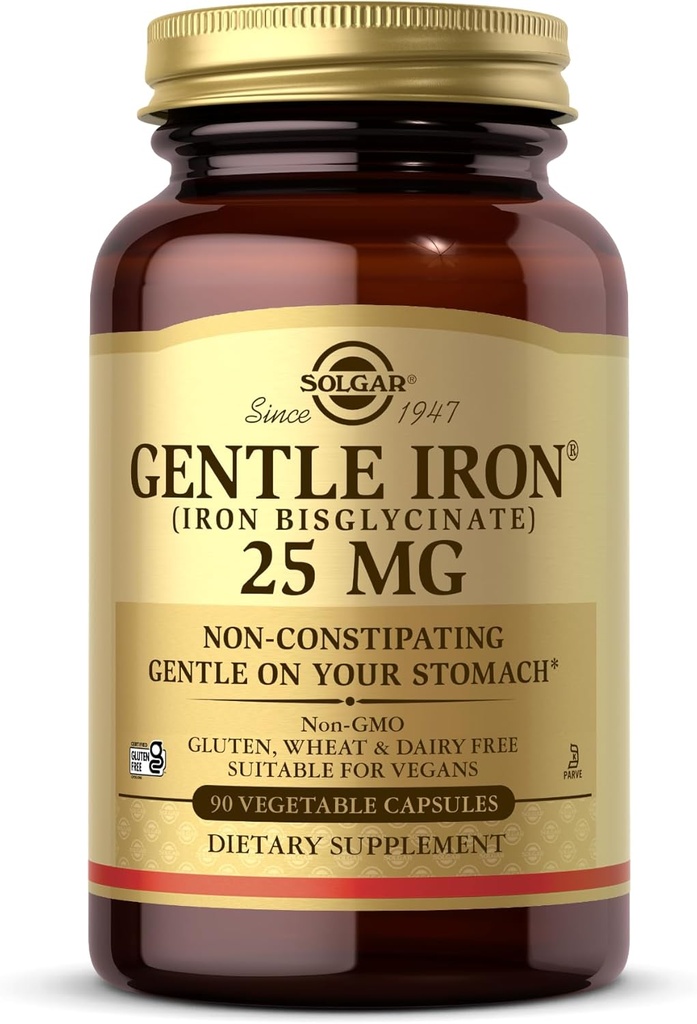 Solgar Gentle Iron (Iron Bisglycinate) 25 mg - 90 Sebze Capsules - Non-Constipating, Gentle on Your Stomach - Gluten Free - 90 Servisler