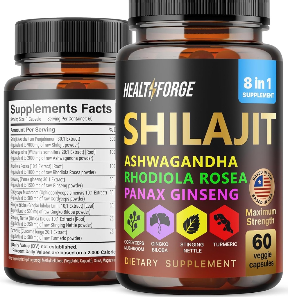 Shilajit Capsules Organik Ekstraksiyon 60 Capsules for Men & Women - Shilajit Supplement 9000 mg Ashwagandha, Immune Support Supplement 2000 mg Rhodiola Supplement, Ginko Ginkgo Biloba