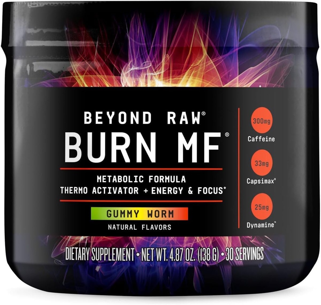 BEYOND RAW Burn MF, Metabolic Formula, Termo Activator, Destekler Enerji ve Odak, Gummy Worm, 30 Hizmet