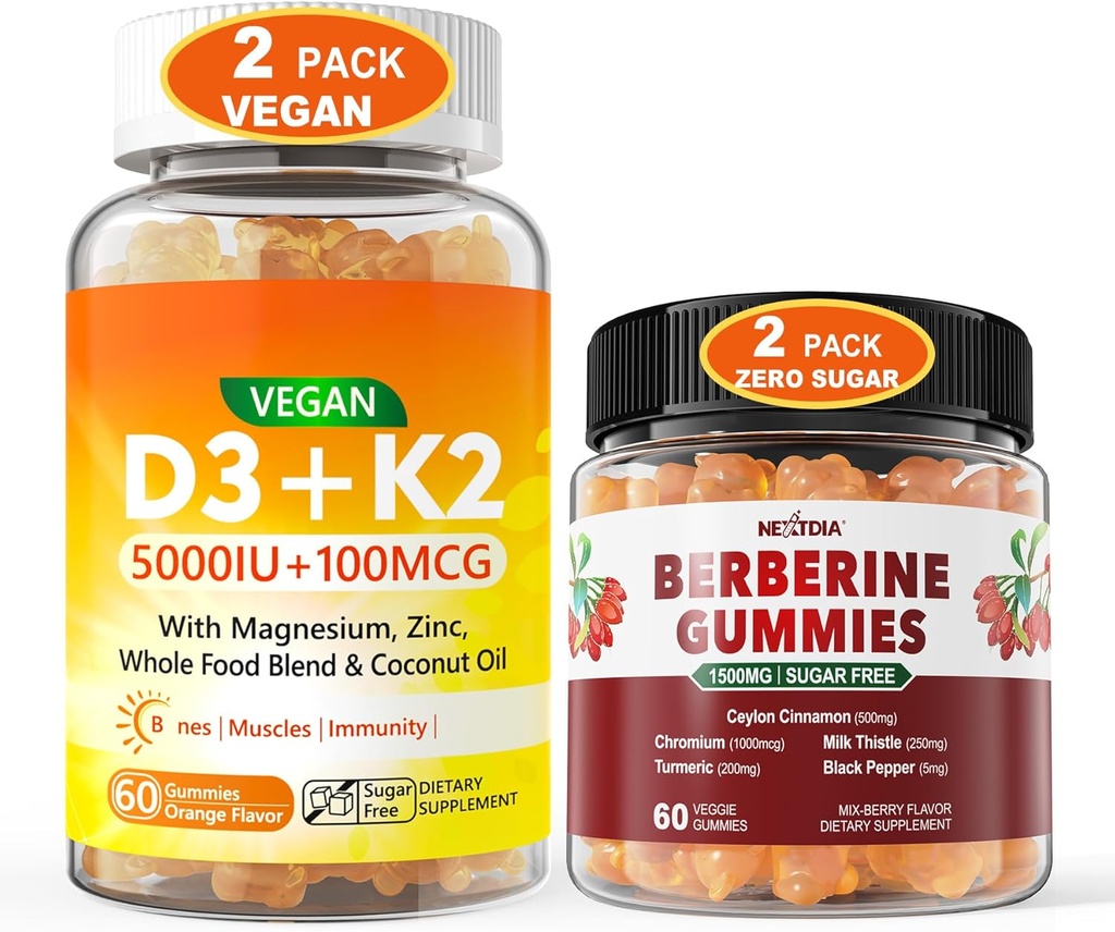 2Pack Vegan Βιταμίνη D3 5000IU K2 Gummies+ 2Pack Berberine Συμπλήρωμα 1500mg Gummies