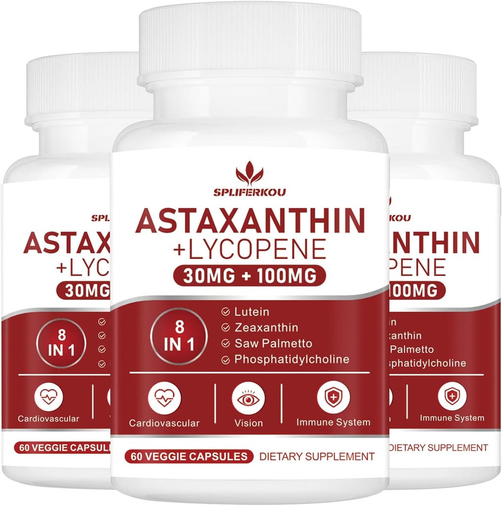 Astaxanthin ve Lycopene 70 mg,Astaxanthin Supplement with Phosphatidylcholine, Lutein ve Zeaxanthin, Güçlü Antioksis Supplement (180 Capsules)