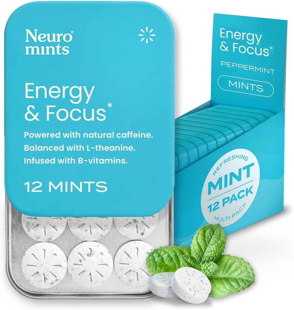 NöroGum Enerji Caffeine Mints (144 Adet) - Şeker L-theanine + Natural Caffeine + Vitamin B12 & B6 - Nootropic Energy & Focus Supplement for Women & Men - Keto & Vegan, Peppermint Flavoric
