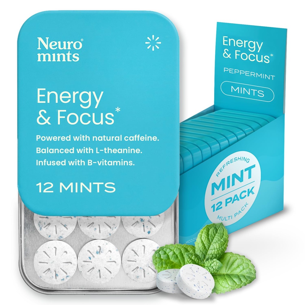 NöroGum Enerji Caffeine Mints (144 Adet) - Şeker L-theanine + Natural Caffeine + Vitamin B12 & B6 - Nootropic Energy & Focus Supplement for Women & Men - Keto & Vegan, Peppermint Flavoric