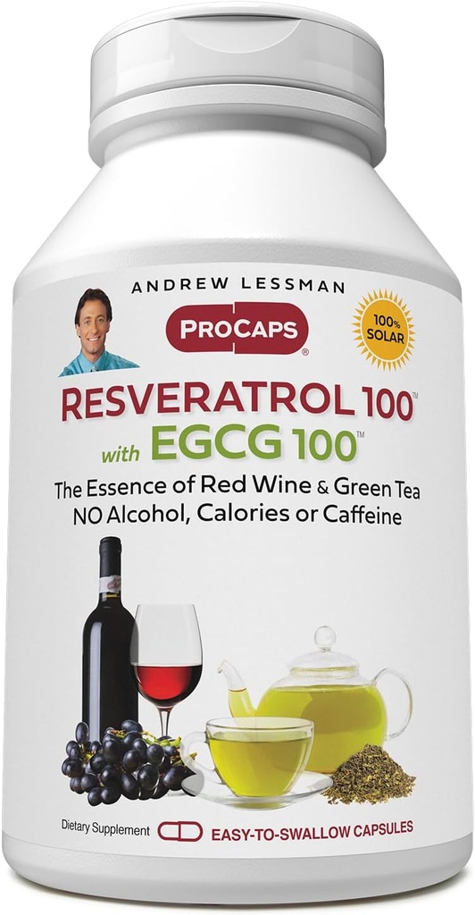 ANDREW LESSMAN Resveratrol-100 EGCG 100mg - 360 Κάψουλες - Δύο Φυσικά Επιφανειακά Αντιοξειδωτικά, Χωρίς Αλκοόλ ή Καφεΐνη.