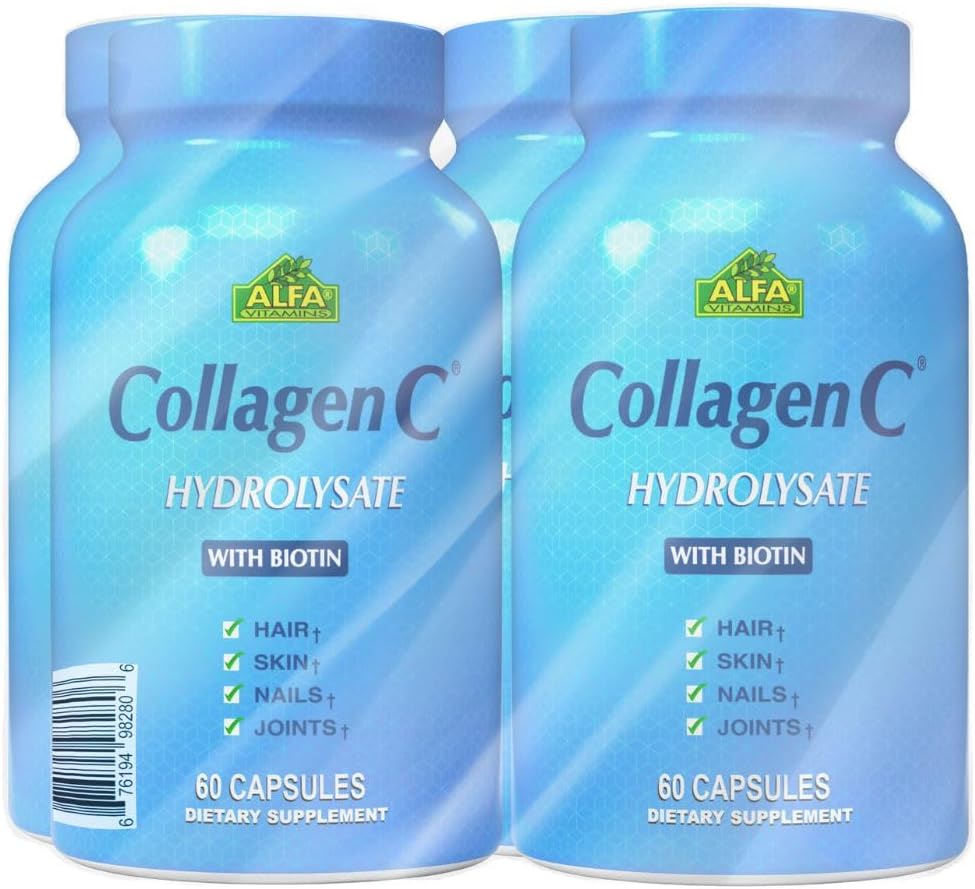 CollagenC Hydrolysate - Collagen Capsules 4 Pack with Biotin & Vitamin C - 60 Capsules per Şişe for Skin, Hair, Nails, Immune & Ortak Destek - 4 Pack