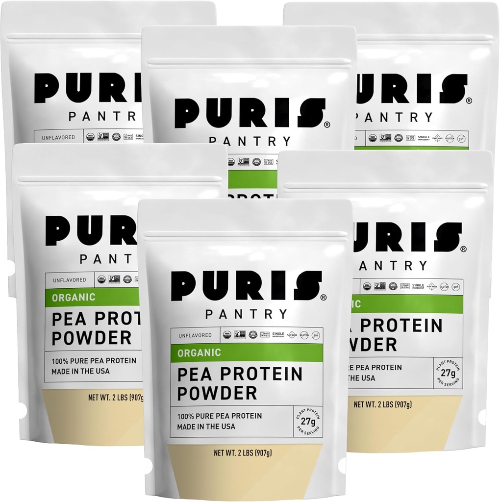 PURIS Organic Pea Protein Toz – USDA Organik Vegan Protein | 27g Plant Protein Oda başına | Non-GMO Gluten-Free Soy-Free | Clean Label | Smooth Taste | 2 lb (6 Pack)