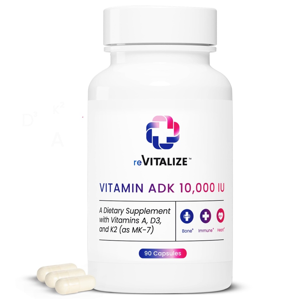 ADK Vitamini 10.000 IU - 90 Hizmet, Yüksek Potency Vitamin A, D3 & K2 (MK-7) Bone Strength | Supports Heart Health and Immune Function - Close Capsule Form