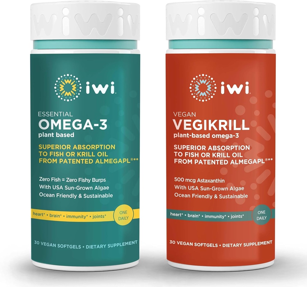 Iwi Omega-3 Essential & Vegikrill Omega-3 Bundle, 30 εξυπηρετήσεις, Vegan Plant Based Algae Omega 3, Krill & Fish Oil Alternative, Χωρίς Αλιευτική Επίγευση