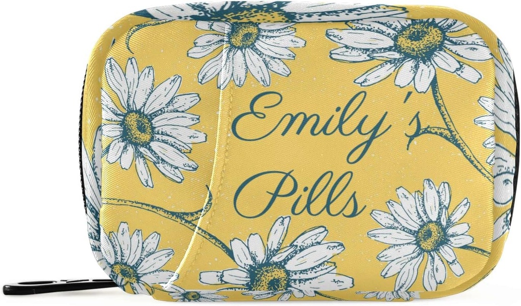 Özel Pill Box 7 Günlük Pill Case Bag Daisy Çiçekler Kişiselleştirilmiş Ad Seyahat Pill Organize Bag with Rolls Portable Weekly Case Compact Boyut for Vitamin Supplement Sahibi