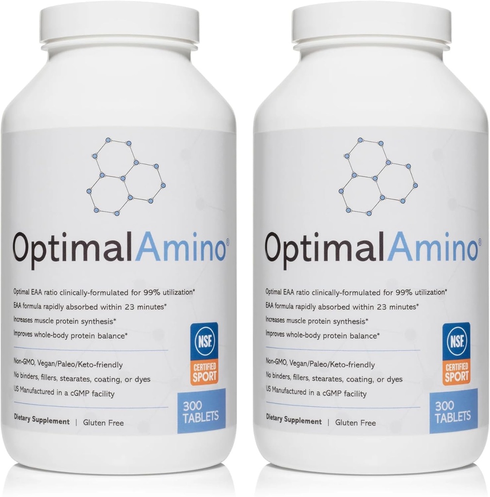 OptimalAmino Tablets Fitness Bundle (600 Count) | 99% Utilized Essential Amino Acid (EAA) Supplement | Increase Muscle Recovery, BCAA Protein Pre/Post Workout, NSF Certified for Sport® Certified