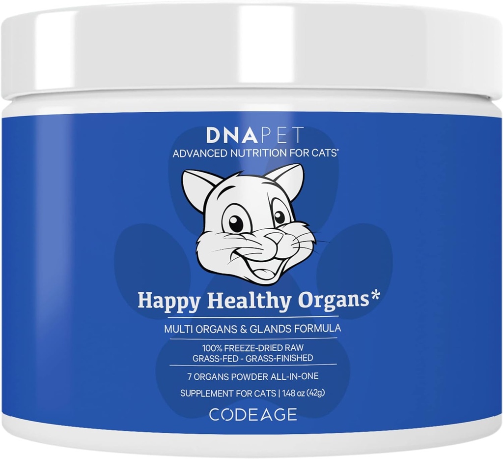 Happy Healthy Organs & Glands Supplement For Cats, Freeze-Dried Raw Bovine Liver Grass-Fed Bone Marrow Heart Kidney Pancreas, Bovine Thymus Iron Multi Organ Powder, Joints Cat Vitamins 1.48 oz