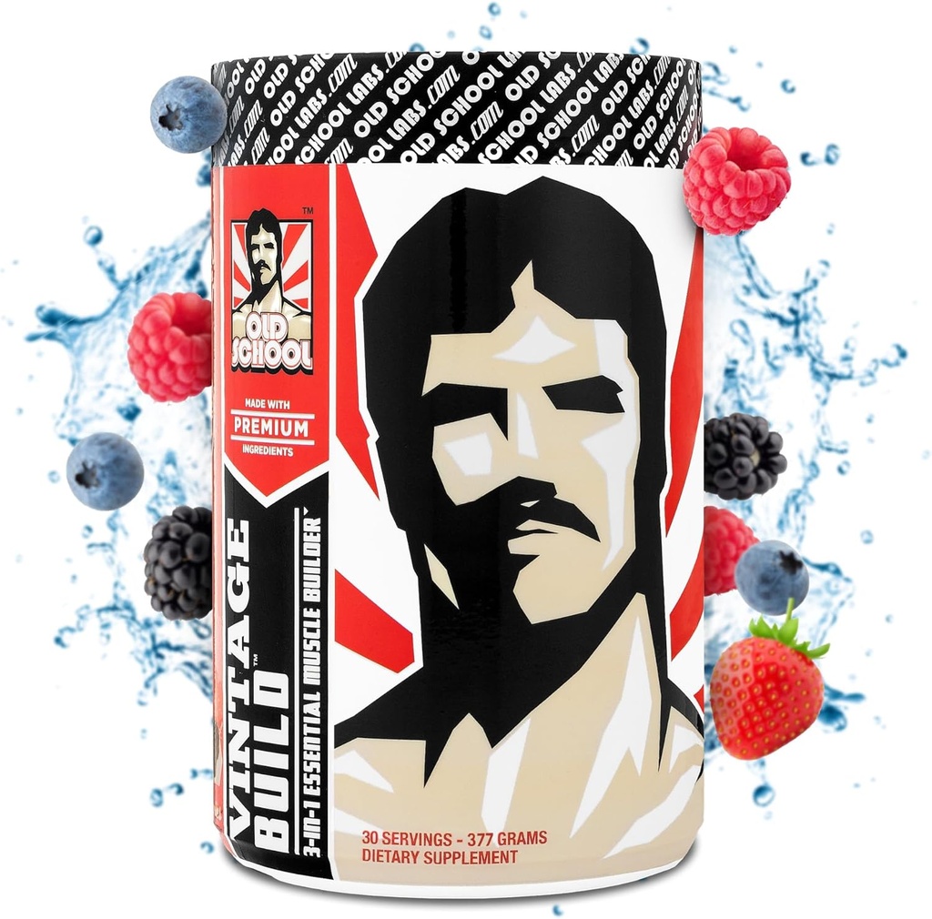 Vintage Build – Post Processout Recovery & Muscle Building Powder Drink for Muscle Strength & Growth - Μειώνει τη λύπη – Creatine Monohydrate, BCAAs, L-Glutamine – Φρέσκα μούρα Γεύση – 377g