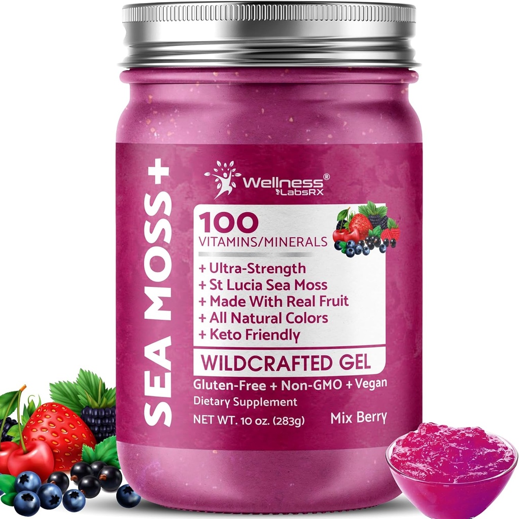WELNESS LABSRX Irish Sea Moss Gel Raw - Wildcraft Superfood Seamoss Gel - Mix Berry Flavor, Vitamin and Mineral-Rich from Pristine Caribbean Waters, Immune and Digestive Health Support - 10 oz.