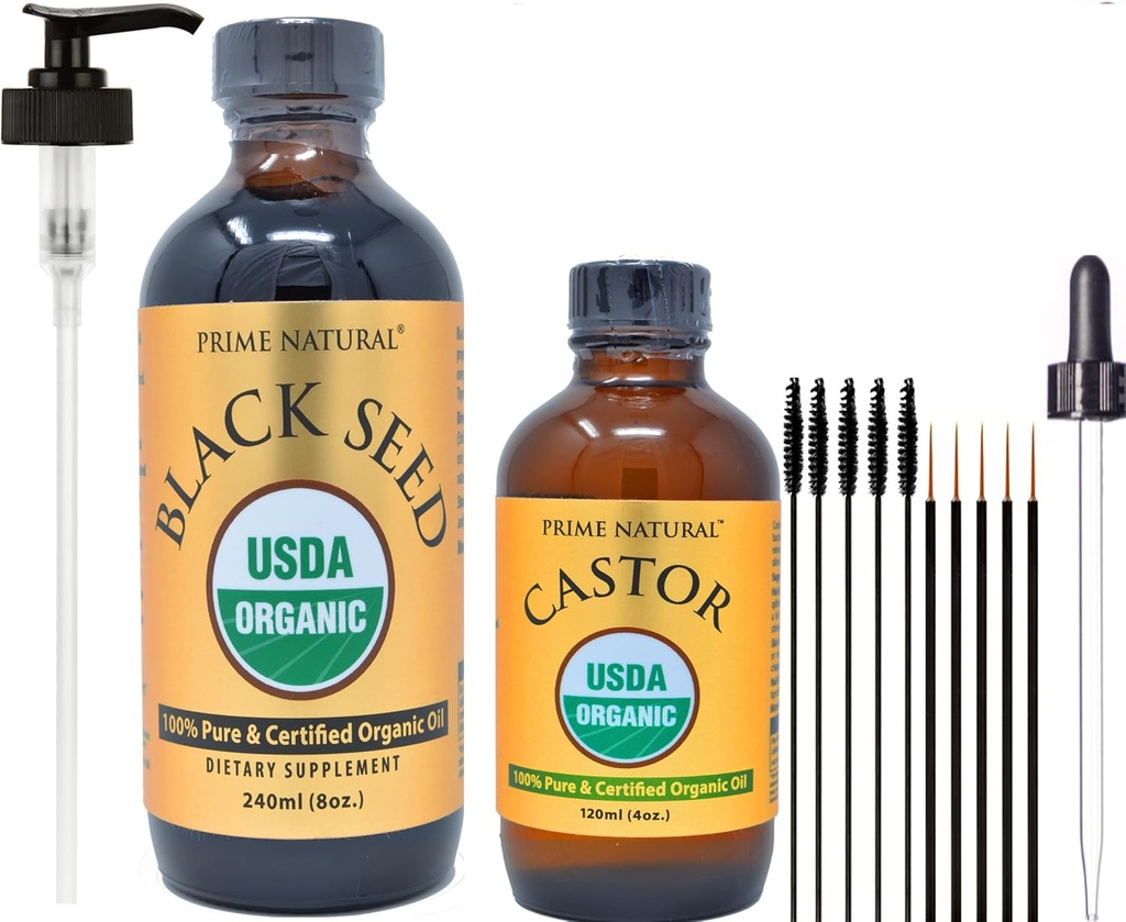 PRIME NATURAL Organik Siyah Tohum Yağı ve Organik Castor Yağı - 2 Oil Sche - USDA sertifikalı - Soğuk Baskı, Virgin, Unrefined, Vegan, Non-GMO, Hiçbir Preservatives