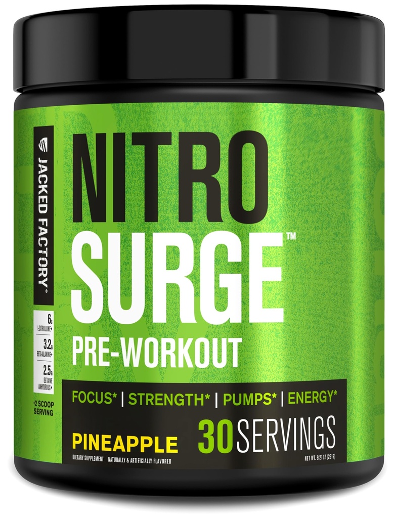 Jacked Factory NITROSURGE Pre Workout Supplement - Endless Energy, Instant Strength Gains, Clear Focus, Intense Pumps - NO ATM & Güçlü Preworkout Energy Toz - 30 Hizmet, Pineapple