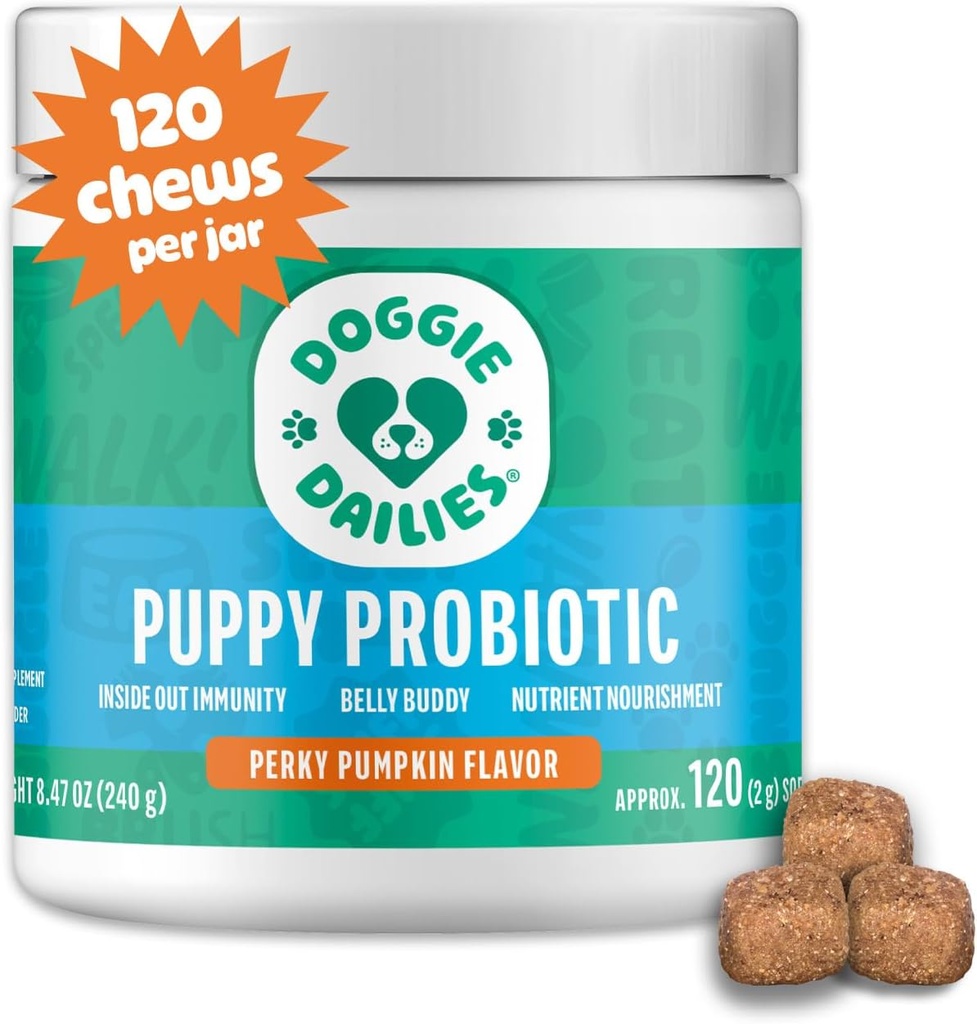 Doggie Dailies Puppy Probiyotik, Probiyotiks for Puppies with Digestive Enzymes, Supports Immune System & General Development (Pumpkin) 120 Soft Chews