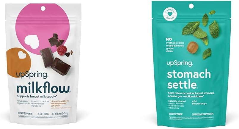 UpSpring Milkflow SoftChews, Breastfeeding Supplement with Fenugreek & Blessed Thistle + UpSpring Stomach Settle Drops for Occasional Nausea Relief/Upset Stomach with Ginger, Lemon, Spearmint, and B6.