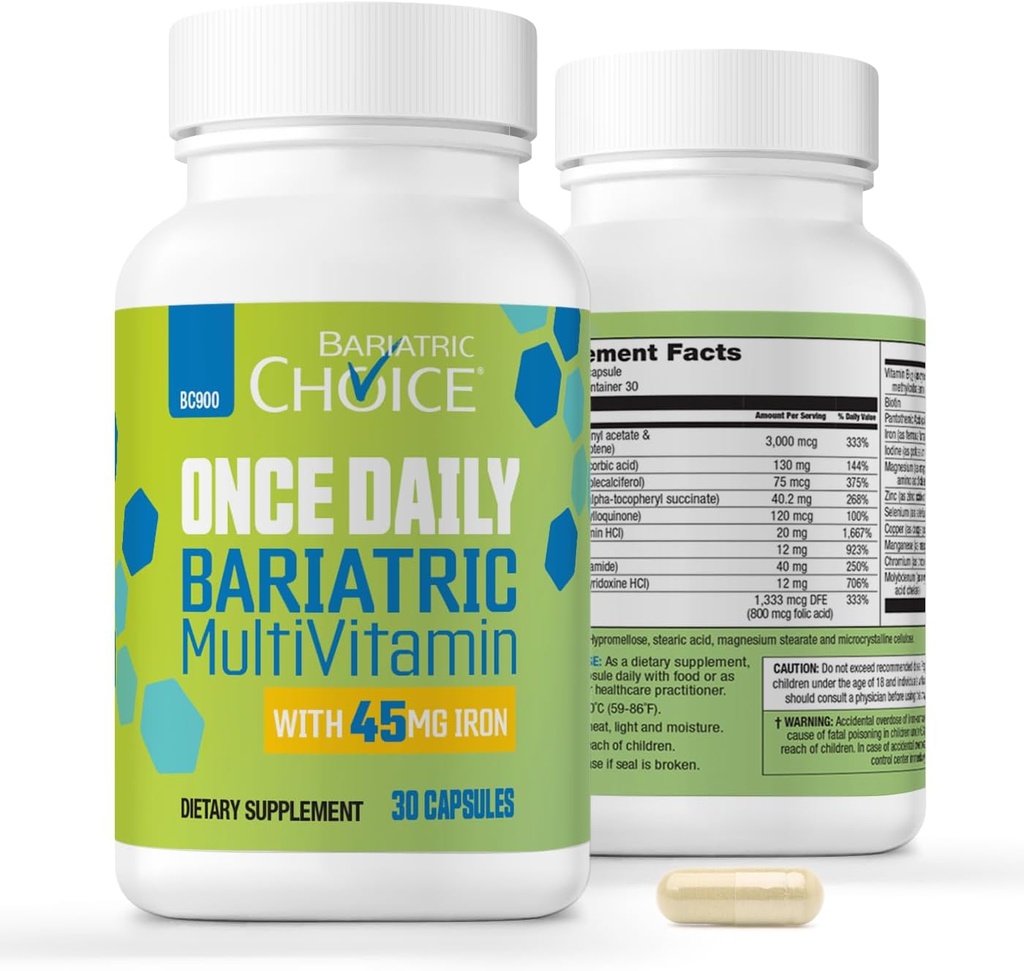 Bariatric Choice Once-Daily Bariatric Multivitamin with 45 mg of Iron | Easy to Swallow Capsule | Vitamin for Bariatrik Cerrahi Hastaları | 30 Kont (1-Month Supply)