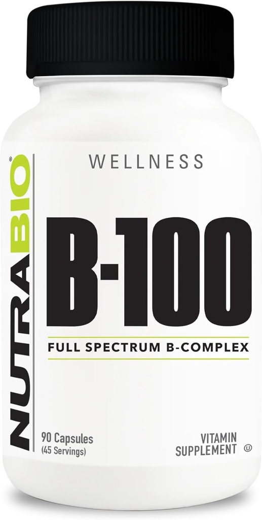 NutraBio B-100, B Vitamin Kompleksi, Immune Sistem Desteği, Sağlıklı Saç, Cilt, Nails, 90 Sebze Kapsülleri