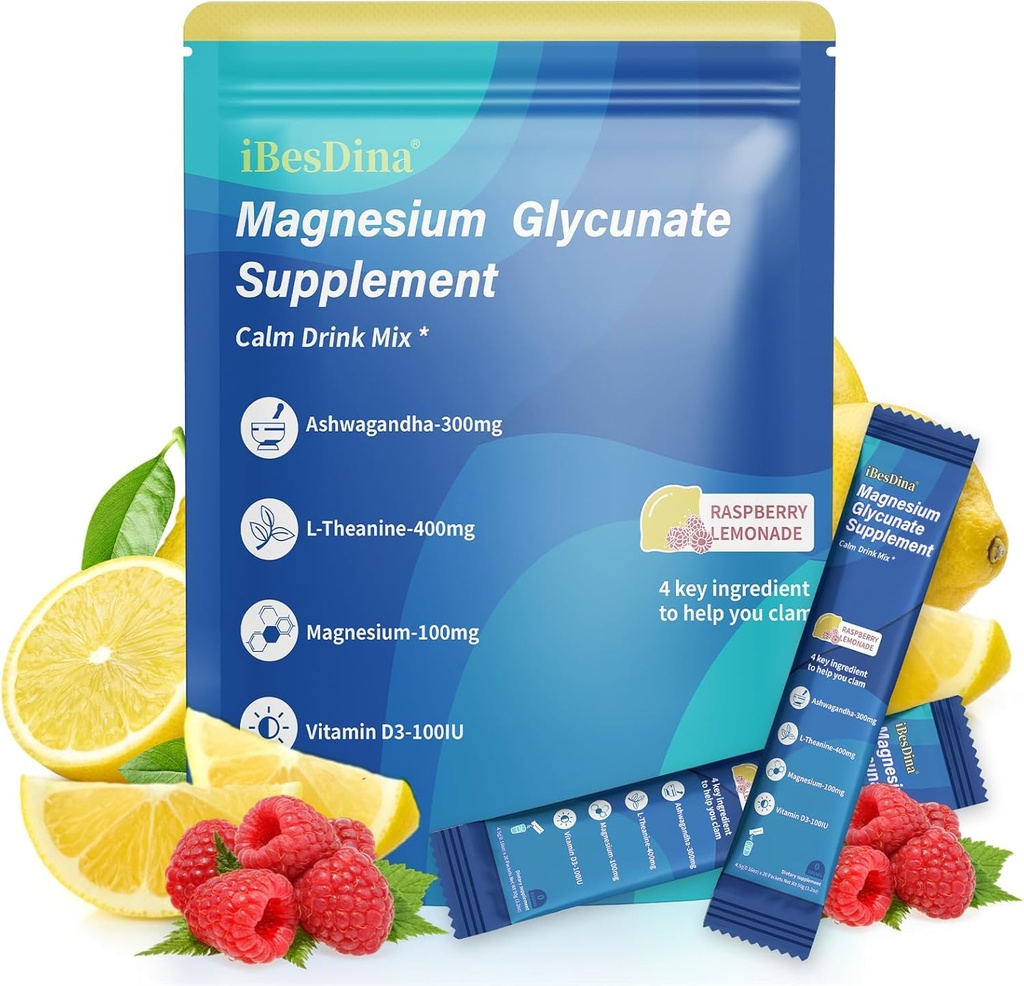 Kadınlar için Cortisol Supplements,Calm Drink Mix,Magnesium Glycinate,Ksm-66 Ashwagandha,Vitamin D 3, 20 On The Go Packets,Raspberry Lemonade,Supplements for Relaxation Sleep