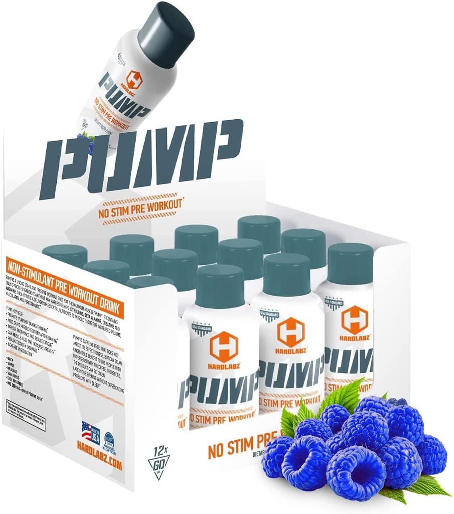 HARDLABZ PUMP – Non-Stimulant Caffeine Free Powerful Liquid Pre-Workout Energy Shot with Citrulline, Beta-Alanine, Creatine, Arginine for Strength and Stamina, Zero Sugar, 2oz - 12 Pack