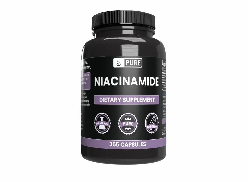 Pure Original Materialss Niacinamid (365 Capsules) Magnezyum Or Rice Fillers, Always Pure, Lab TY