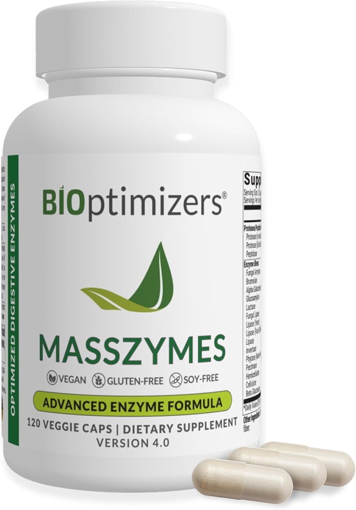 BIOptimizers MassZymes - Συμπληρωμένο συμπλήρωμα διεγερτικών ενζύμων για την υγεία των ούλων - Αναπλήρωση ανακούφιση για άνδρες και γυναίκες - Lipase Amylase Bromelain Digestive Enzymes (120 κάψουλες)