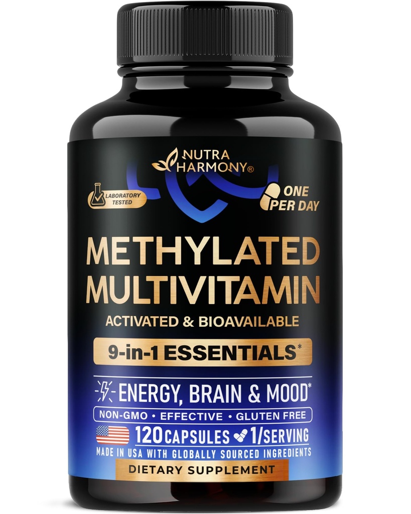 Çokvitamin - B2, B6, 5MTHF & B12 | Antioksis C & E | Vitamin D3 & K2 - Erkekler ve Kadınlar için - 9-in-1 MTHFR TMG ile Tamam - Enerji, Beyin ve Mood - Vegan - ABD'de Yapıldı - 120 Capsules