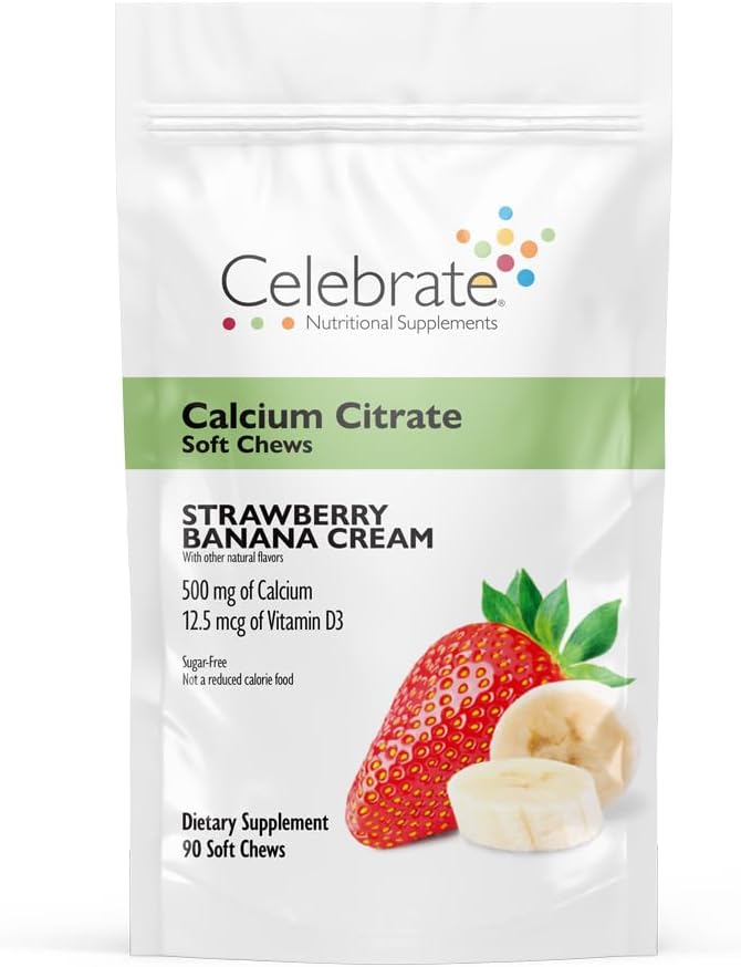 Vitamin Bariatric 500 mguba Citrate Soft Chews with 500 IU Vitamin D3 – Gastrik Bypass Hastaları ve Bone Health - Sugar & Gluten Free, Strawberry Banana Cream (90 Chews)