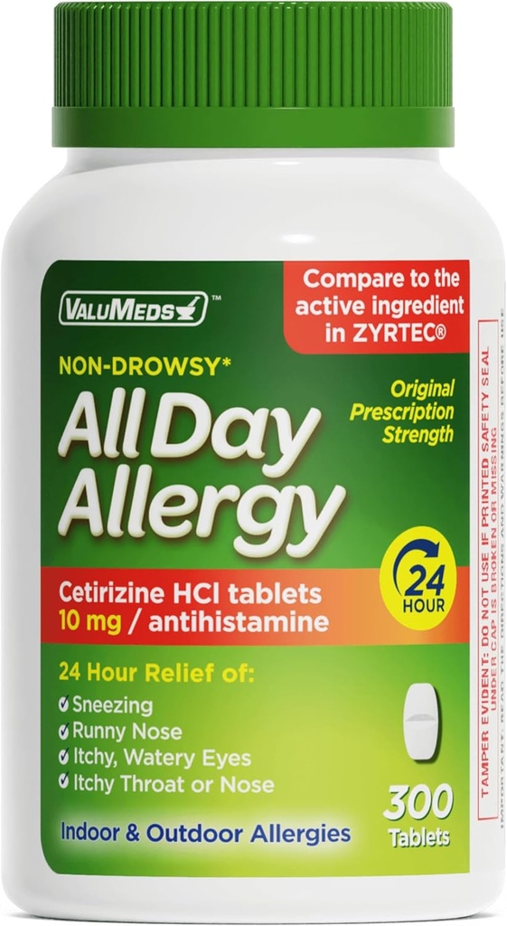 ValuMeds 24 Saat Antihistamin for Pollen, Hay Ateş, Kuru, Itchy Eyes, Allergies | Cetirizine HCl 10 mg Caplets, Karşılaştırmalı Marka (300 Kont)