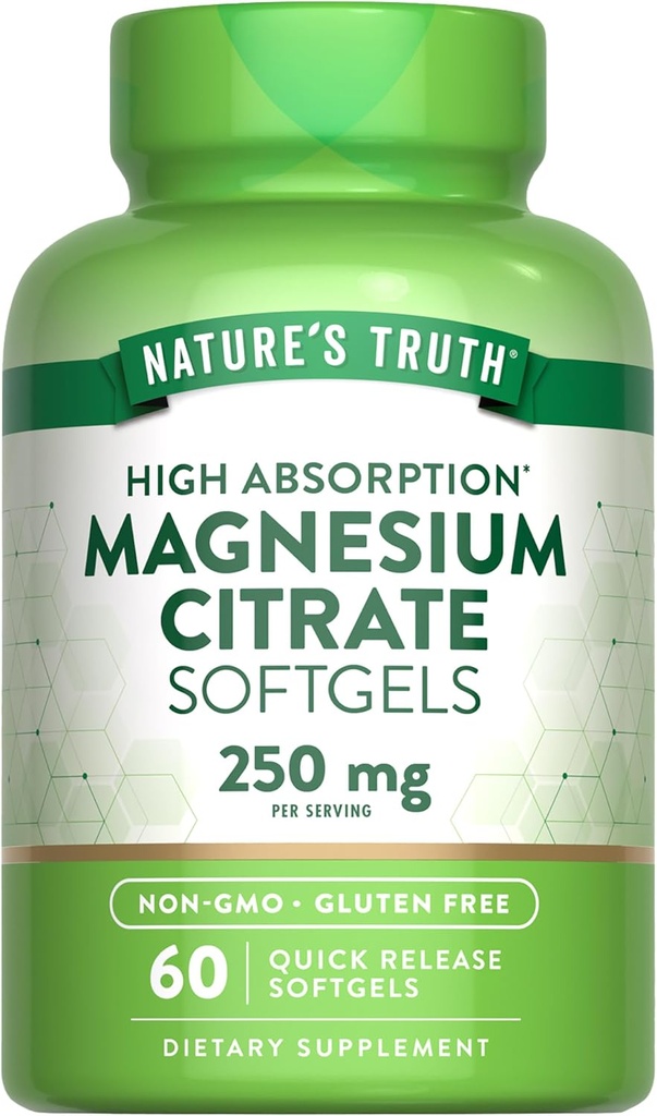 Nature's Truth Magnezyum Citrate Softgels | 250 mg | 60 Kont | High Abors | Non-GMO & Gluten Free Supplement Supplement