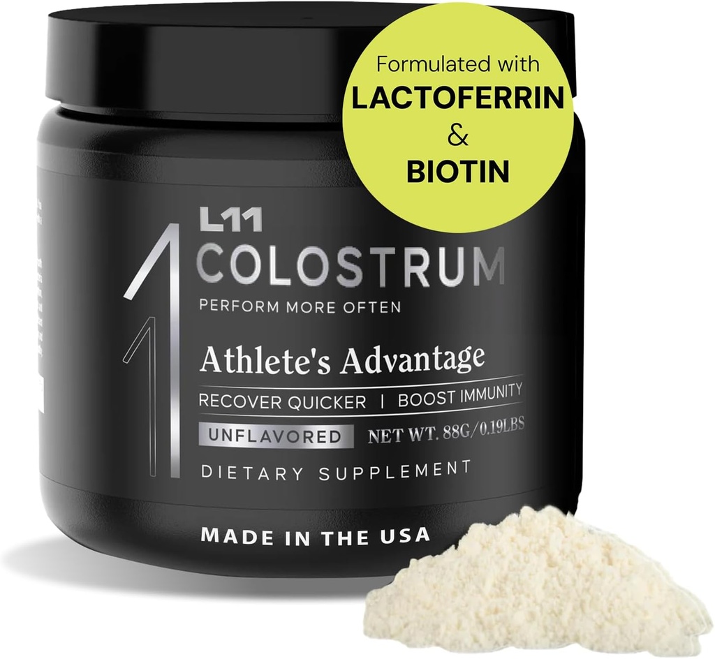 Colostrum Supplement by L11 with Lactoferrin Biotin Çinko & Vitamin D | Bovine Colostrum Toz for Peak Athletic Health, Gut Health, Muscle & Immune Support | 1500 mg Colostrum - Unflavored 30 Hizmet
