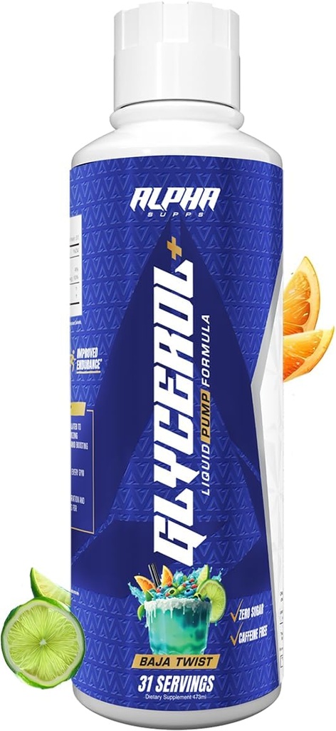 Alpha Supps Glycerol+ Liquid Pump Formula - Stim-Free Liquid Glycerol and Citrulline High-Performance Supplement for Enhanced Muscle Pumps, Hydration, & Endurance (31 Servings, Baja Twist)
